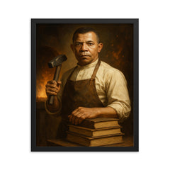 Booker T Washington forge and books portrait framed print on a plain backdrop in size 16"x20".