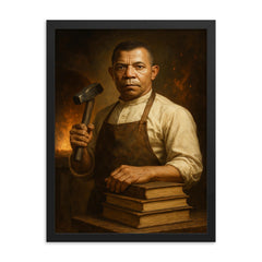 Booker T Washington forge and books portrait framed print on a plain backdrop in size 18"x24".