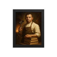 Booker T Washington forge and books portrait framed print on a plain backdrop in size 8"x10".