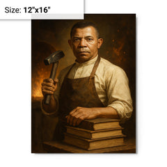Booker T Washington forge and books portrait metal print on a plain backdrop in size 12"x16".