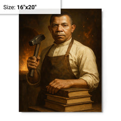 Booker T Washington forge and books portrait metal print on a plain backdrop in size 16"x20".