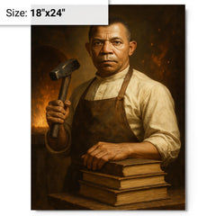 Booker T Washington forge and books portrait metal print on a plain backdrop in size 18"x24".