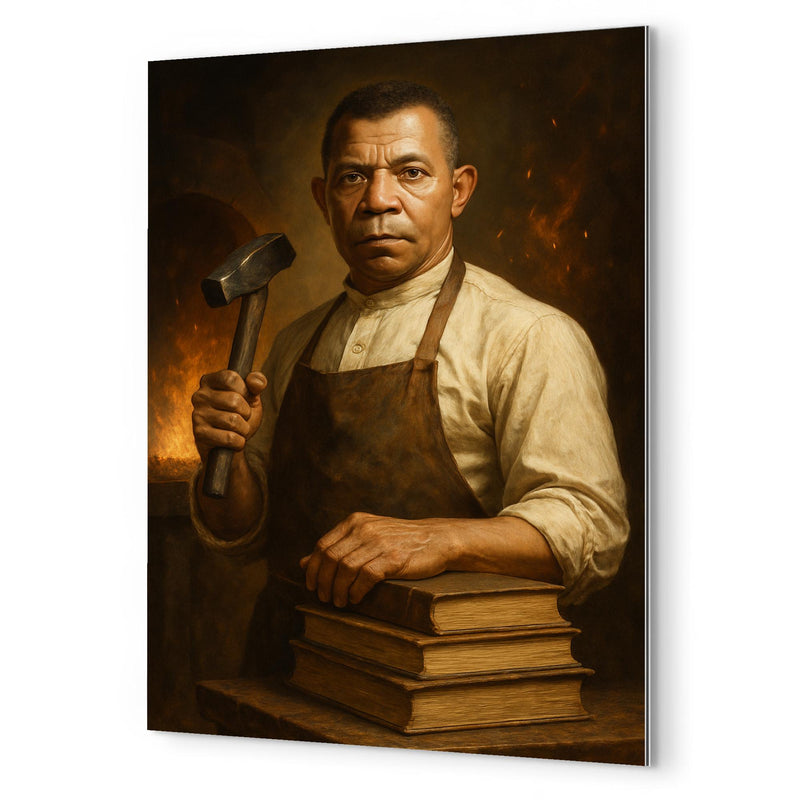 Booker T Washington forge and books portrait metal print mockup