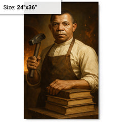 Booker T Washington forge and books portrait metal print on a plain backdrop in size 24"x36".