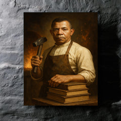 Booker T Washington forge and books portrait metal print mockup