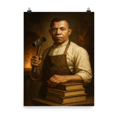 Booker T Washington forge and books portrait poster on a plain backdrop in size 8"x10".