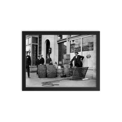Bootleg liquor raid - Police posing with barrels of bootleg liquor seized in a raid on a Speakeasy, 1923 framed print on a plain backdrop in size 12"x16".