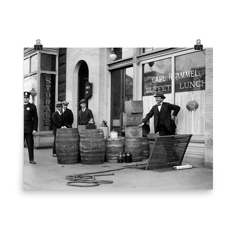 Bootleg liquor raid - Police posing with barrels of bootleg liquor seized in a raid on a Speakeasy, 1923 poster on a plain backdrop in size 8