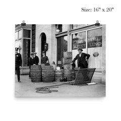 Bootleg liquor raid - Police posing with barrels of bootleg liquor seized in a raid on a Speakeasy, 1923 poster 2
