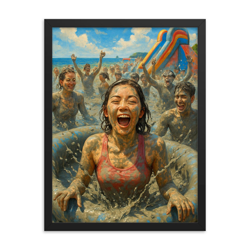 Boryeong Mud Festival South Korea framed print on a plain backdrop in size 18