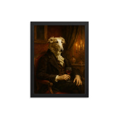 Borzoi aristocrat in decadent Russian salon framed print on a plain backdrop in size 12"x16".