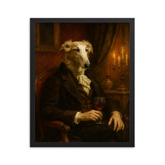Borzoi aristocrat in decadent Russian salon framed print on a plain backdrop in size 16"x20".