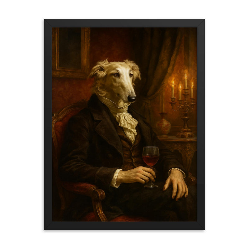 Borzoi aristocrat in decadent Russian salon framed print on a plain backdrop in size 18
