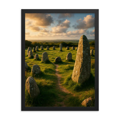 Boscawen Un Stone Circle Cornwall England framed print on a plain backdrop in size 18"x24".