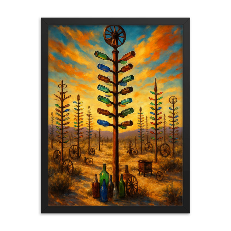 Bottle Tree Ranch California USA framed print on a plain backdrop in size 18