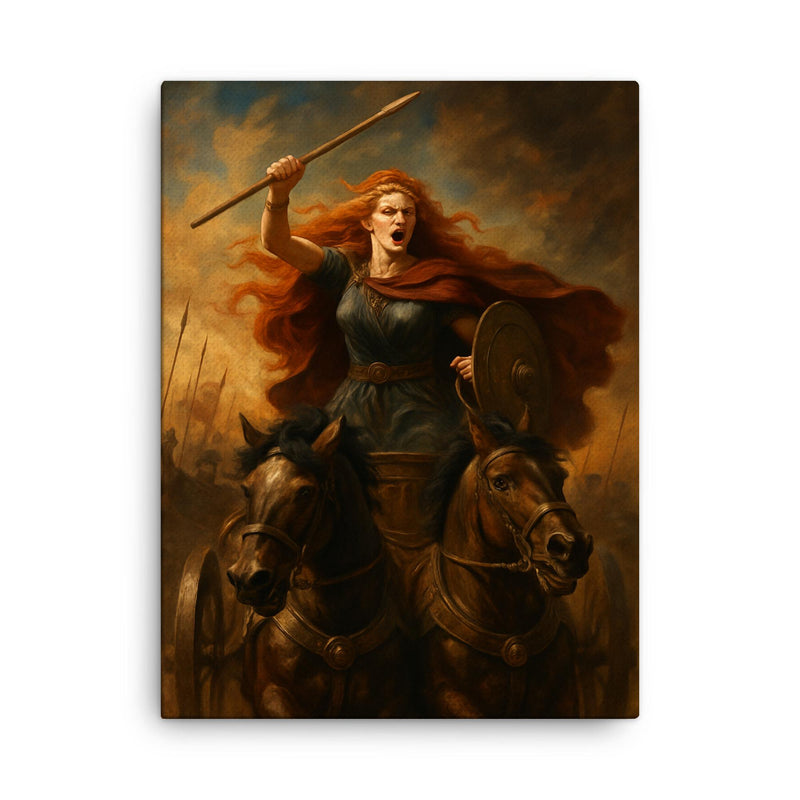Boudica chariot rebellion portrait canvas print on a plain backdrop in size 18