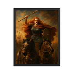 Boudica chariot rebellion portrait framed print on a plain backdrop in size 16"x20".