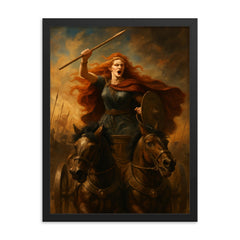 Boudica chariot rebellion portrait framed print on a plain backdrop in size 18"x24".