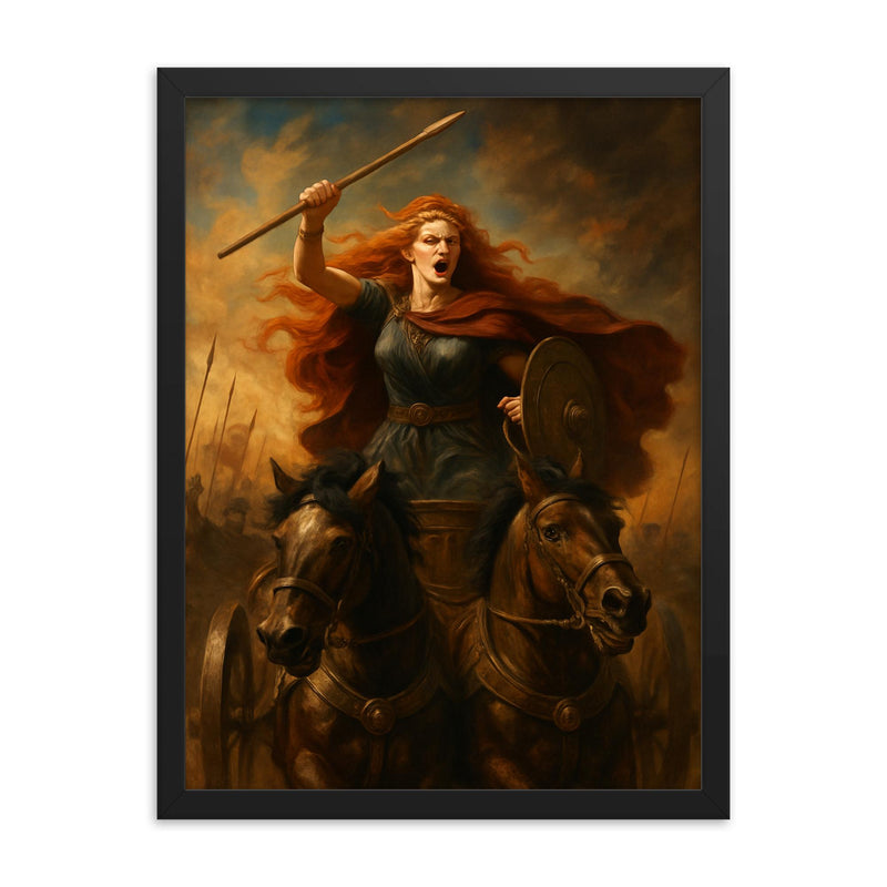 Boudica chariot rebellion portrait framed print on a plain backdrop in size 18
