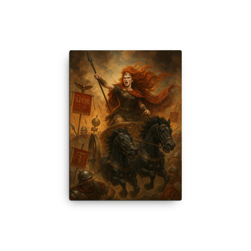 Boudica driving a war chariot through Roman standards canvas print 12x16
