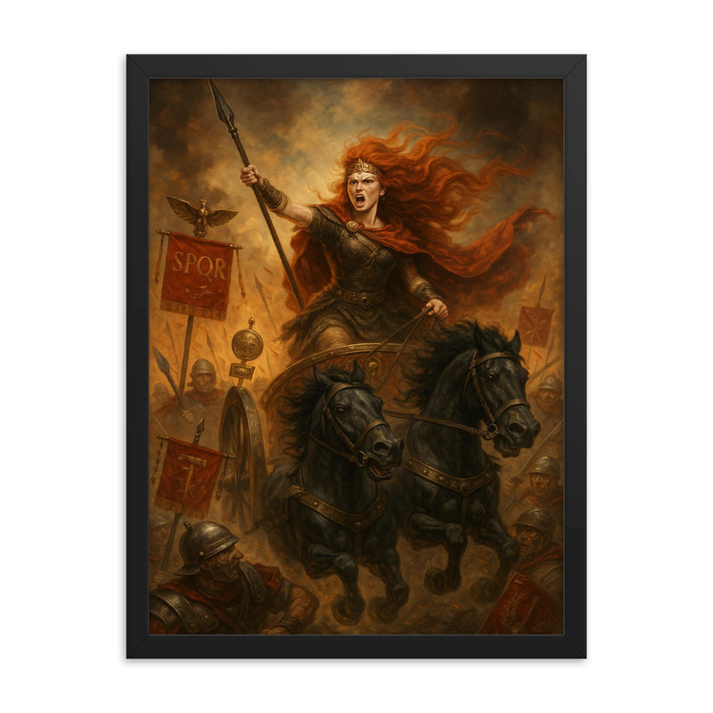 Boudica driving a war chariot through Roman standards framed print mockup 18x24
