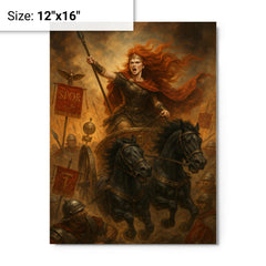Boudica driving a war chariot through Roman standards metal print mockup 12x16
