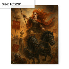 Boudica driving a war chariot through Roman standards metal print mockup 16x20