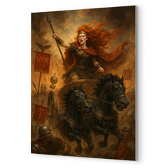 Boudica driving a war chariot through Roman standards metal print mockup