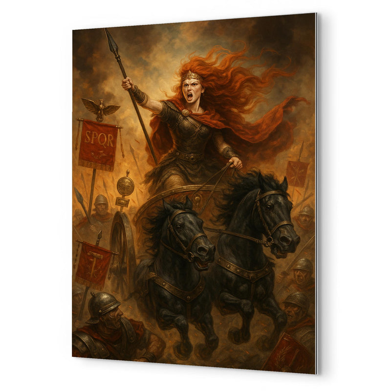 Boudica driving a war chariot through Roman standards metal print mockup