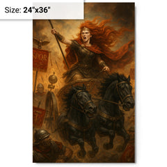 Boudica driving a war chariot through Roman standards metal print mockup 24x36