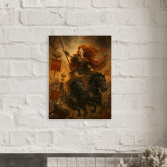 Boudica driving a war chariot through Roman standards metal print mockup