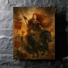 Boudica driving a war chariot through Roman standards metal print mockup