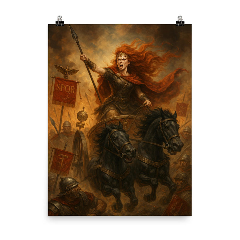Boudica driving a war chariot through Roman standards poster 1
