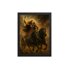 Boudica in chariot through Roman smoke framed print on a plain backdrop in size 12"x16".