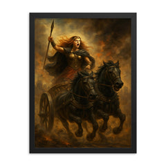 Boudica in chariot through Roman smoke framed print on a plain backdrop in size 18"x24".