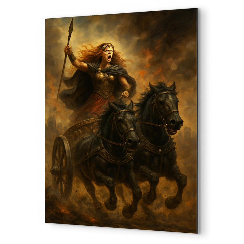 Boudica in chariot through Roman smoke metal print mockup