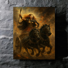 Boudica in chariot through Roman smoke metal print mockup