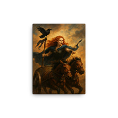 Boudica in chariot with raven standard canvas print on a plain backdrop in size 12"x16".