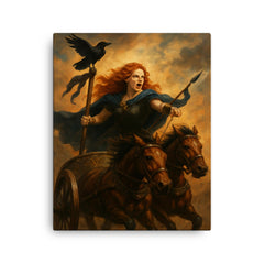 Boudica in chariot with raven standard canvas print on a plain backdrop in size 16"x20".