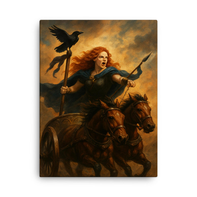 Boudica in chariot with raven standard canvas print on a plain backdrop in size 18