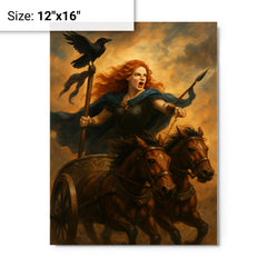 Boudica in chariot with raven standard metal print on a plain backdrop in size 12"x16".