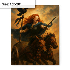 Boudica in chariot with raven standard metal print on a plain backdrop in size 16"x20".