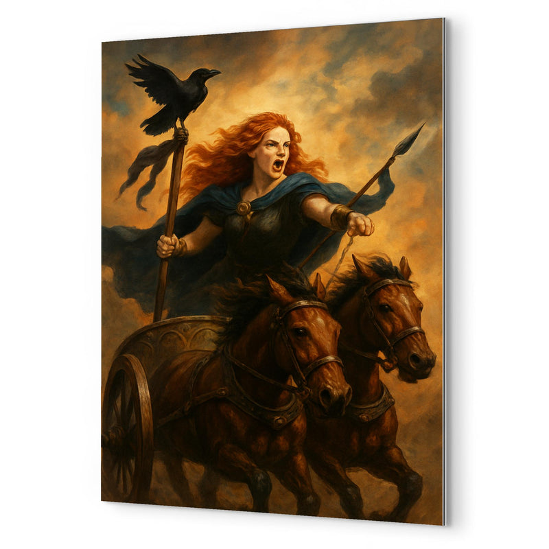 Boudica in chariot with raven standard metal print mockup
