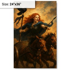 Boudica in chariot with raven standard metal print on a plain backdrop in size 24"x36".