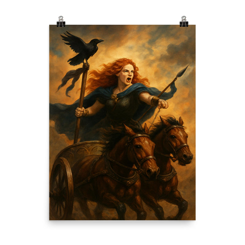Boudica in chariot with raven standard poster on a plain backdrop in size 8