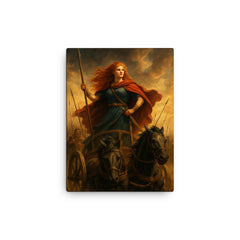 Boudica in her war chariot before battle canvas print on a plain backdrop in size 12"x16".