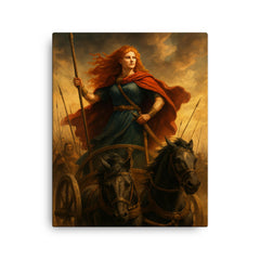 Boudica in her war chariot before battle canvas print on a plain backdrop in size 16"x20".