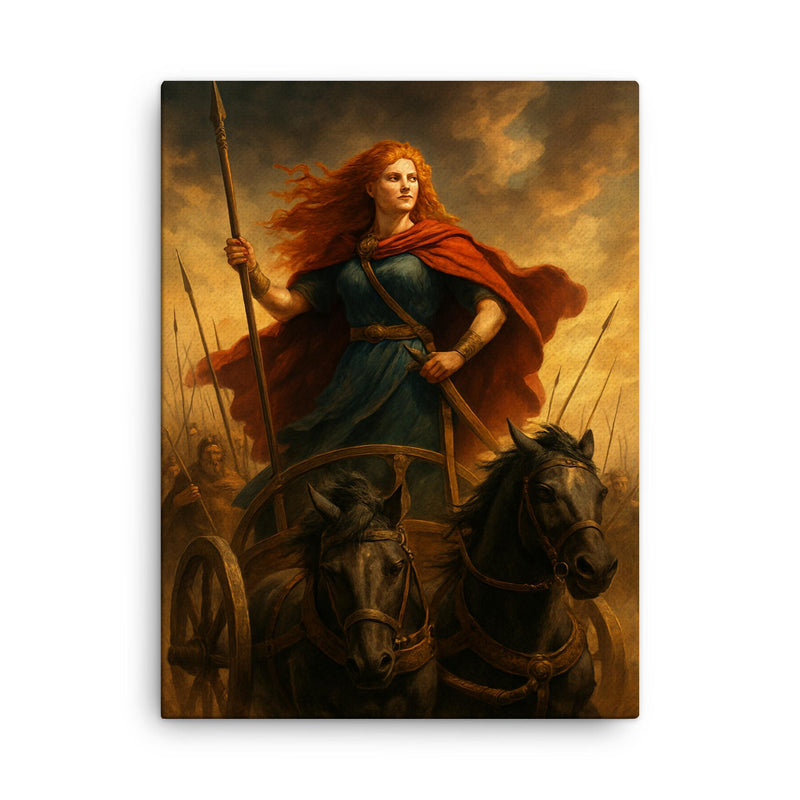 Boudica in her war chariot before battle canvas print on a plain backdrop in size 18