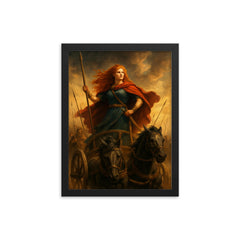 Boudica in her war chariot before battle framed print on a plain backdrop in size 12"x16".