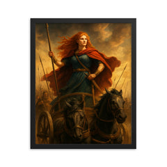 Boudica in her war chariot before battle framed print on a plain backdrop in size 16"x20".